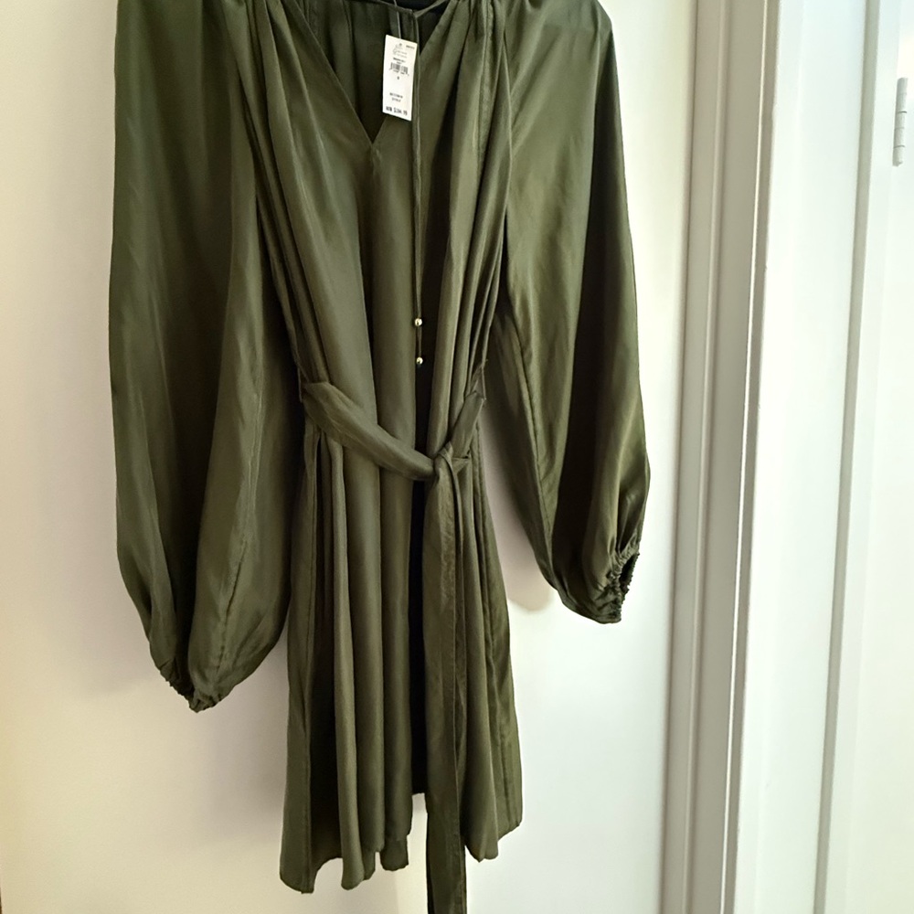Elegant Silk Olive Green Dress with Belt
